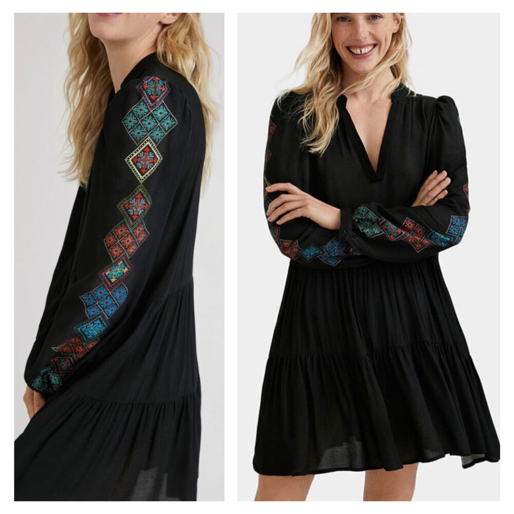 NWT Desigual Calendula Emroidered Sleeve V-Neck Tiered Mini Dress in Black S